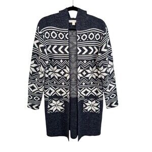Monteau Los Angeles Navy Blue & White Nordic Print Open Cardigan Pockets Sz L